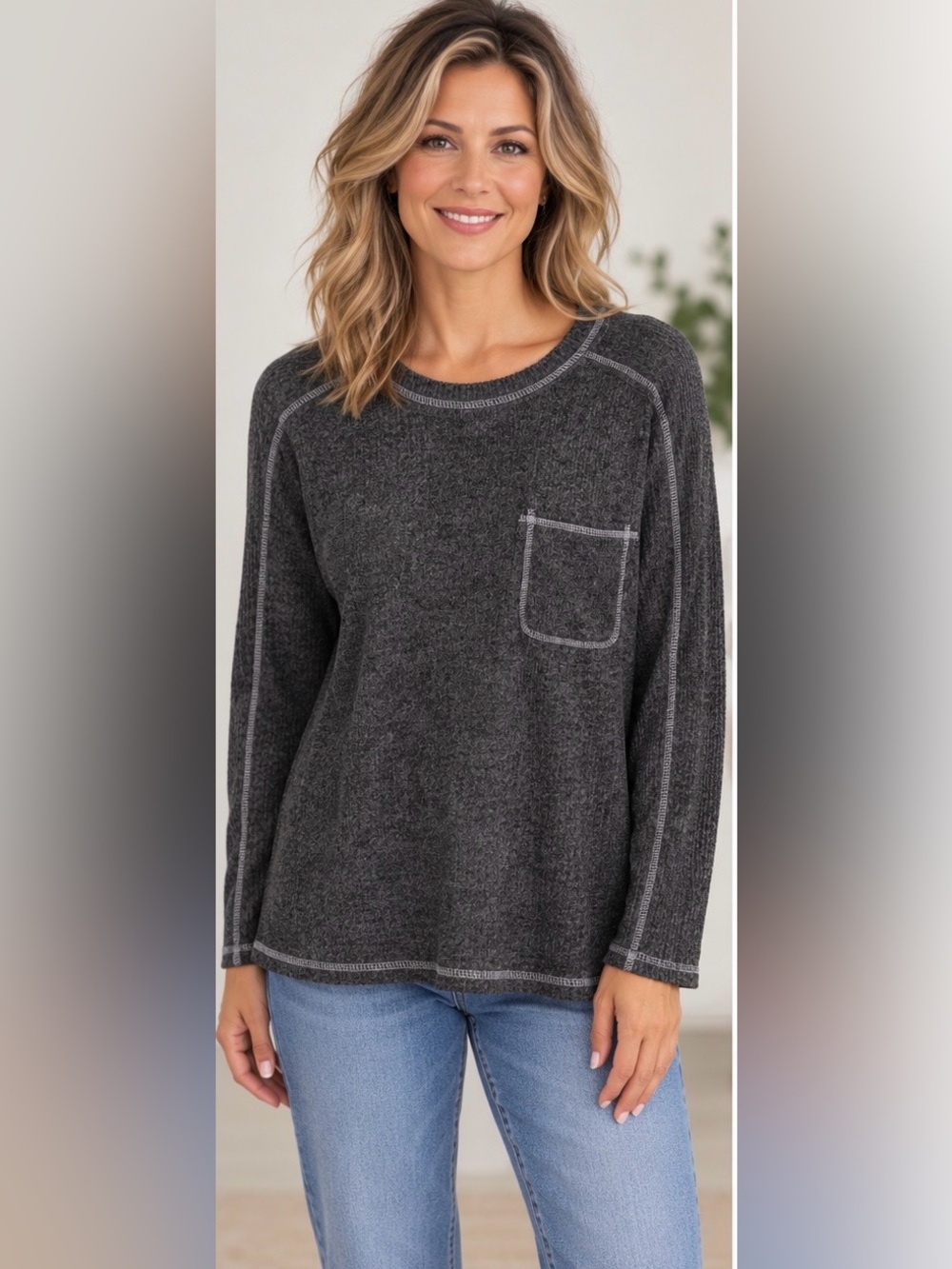 Zenana Outfitters Charcoal Contrast-Stitch Crewneck Sweater NWOT